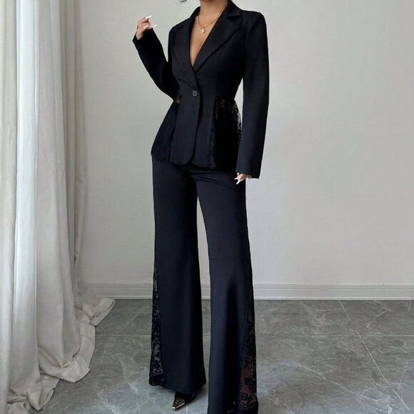 Black Casual Women's Single-Breasted Lace Patchwork Blazer & Pants Suit Set - Picture 5 of 8